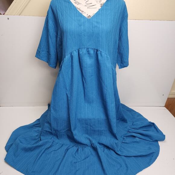 Women's Short Sleeve V-Neck Pleated Ruffle Flowy Blue Summer Dress size XL - Picture 4 of 6